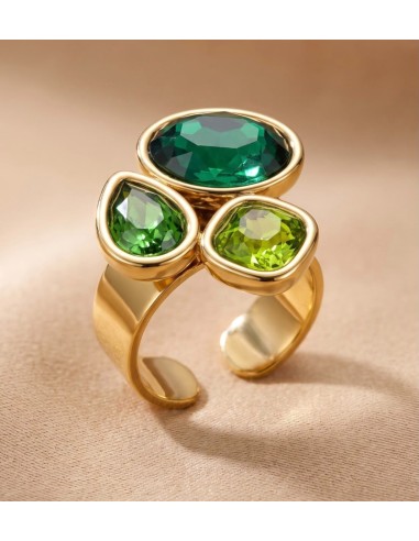 Bague femme en acier inoxydable à trois pierres colorées - Réglable