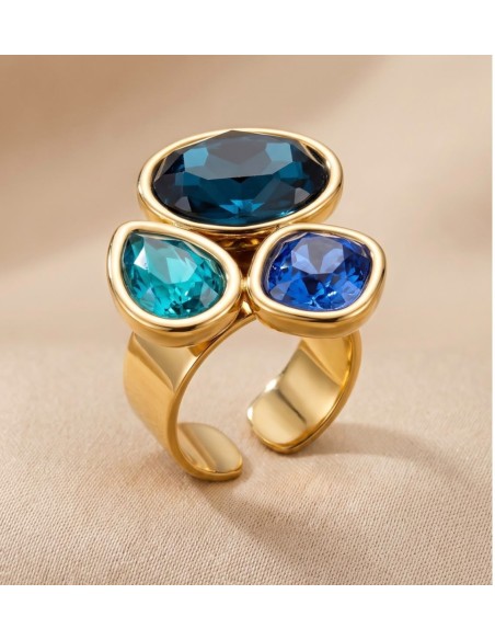 Bague femme en acier inoxydable à trois pierres colorées - Réglable