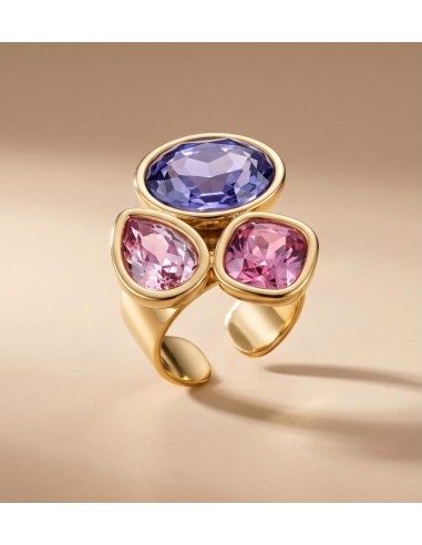 Bague femme en acier inoxydable à trois pierres colorées - Réglable