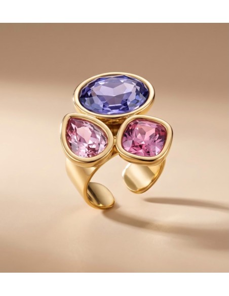 Bague femme en acier inoxydable à trois pierres colorées - Réglable