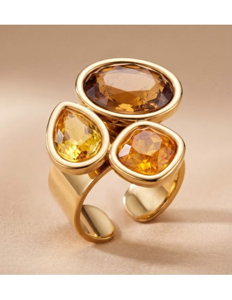 Bague femme en acier inoxydable à trois pierres colorées - Réglable