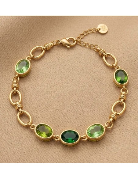 Bracelet femme en acier inoxydable doré à pierres colorées - Réglable
