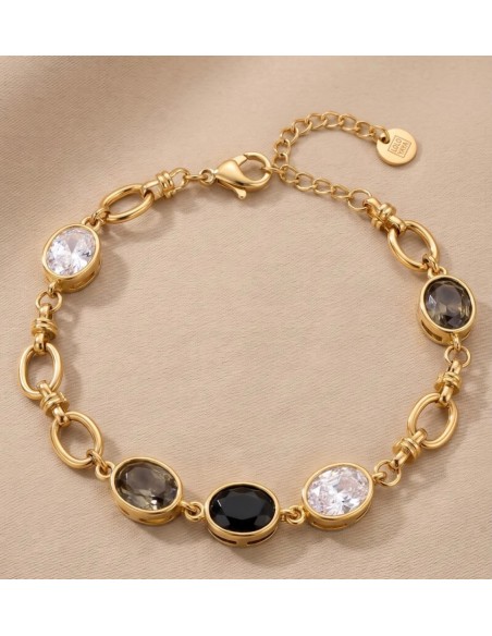 Bracelet femme en acier inoxydable doré à pierres colorées - Réglable