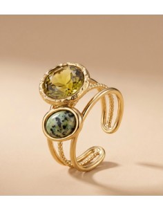 Bague femme en acier inoxydable à deux pierres colorées - Réglable