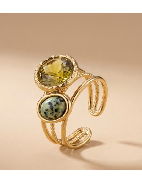 Bague femme en acier inoxydable à deux pierres colorées - Réglable