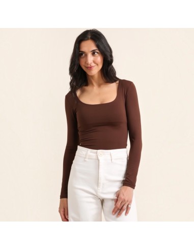 Haut femme manches longues Chocolat - Col carré - Taillé