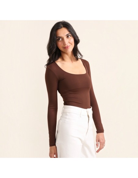 Haut femme manches longues Chocolat - Col carré - Taillé