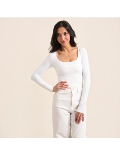 Haut femme manches longues blanc - Col carré - Taillé