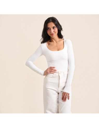 Haut femme manches longues blanc - Col carré - Taillé