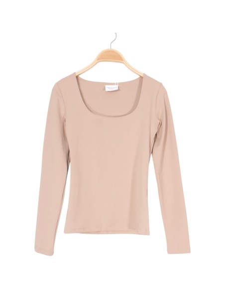 Haut femme manches longues Moka - Col carré - Taillé
