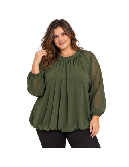 Blouse femme fluide à col montant - Manches bouffantes & nœud dos - Taille unique grande taille (du 42/44 au 50/52)