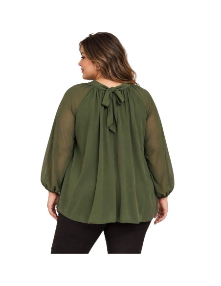 Blouse femme fluide à col montant - Manches bouffantes & nœud dos - Taille unique grande taille (du 42/44 au 50/52)