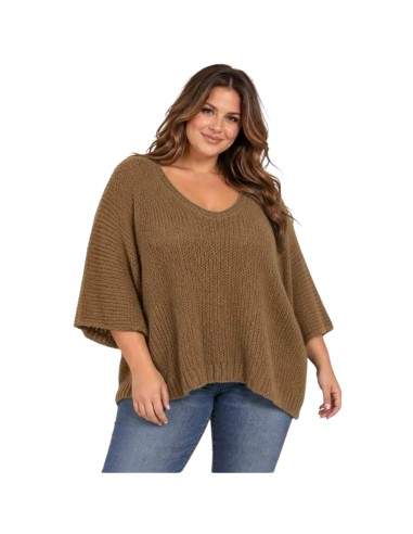Pull femme oversize en maille - Col V & manches chauve-souris - Taille unique grande taille (du 42/44 au 50/52)