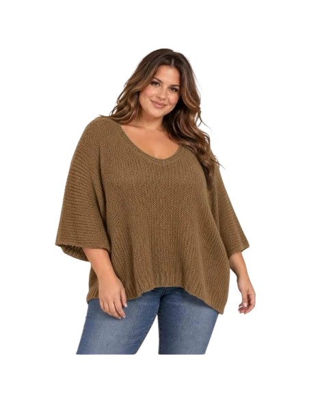 Pull femme oversize en maille - Col V & manches chauve-souris - Taille unique grande taille (du 42/44 au 50/52)