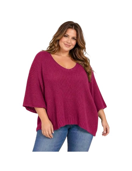Pull femme oversize en maille - Col V & manches chauve-souris - Taille unique grande taille (du 42/44 au 50/52)