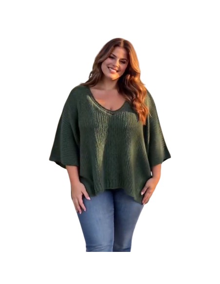 Pull femme oversize en maille - Col V & manches chauve-souris - Taille unique grande taille (du 42/44 au 50/52)