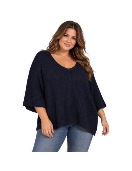 Pull femme oversize en maille - Col V & manches chauve-souris - Taille unique grande taille (du 42/44 au 50/52)