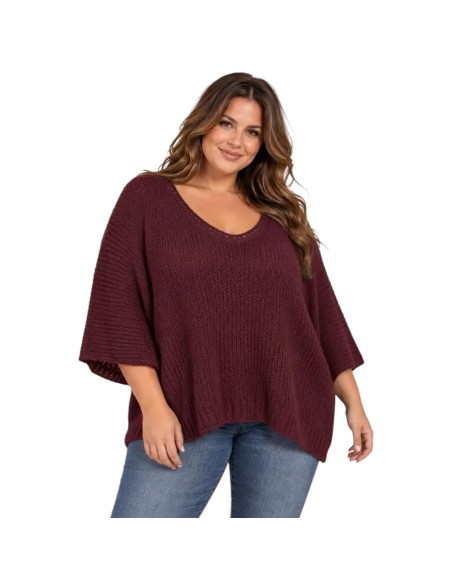 Pull femme oversize en maille - Col V & manches chauve-souris - Taille unique grande taille (du 42/44 au 50/52)
