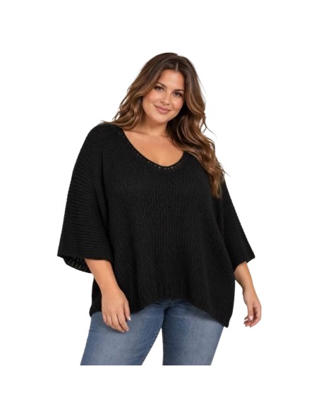 Pull femme oversize en maille - Col V & manches chauve-souris - Taille unique grande taille (du 42/44 au 50/52)