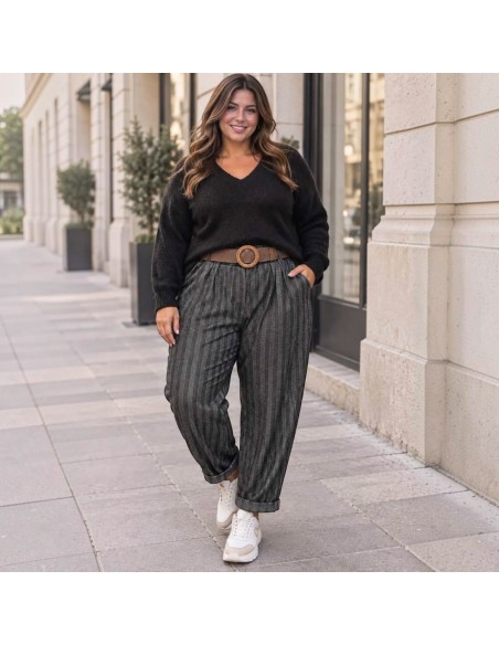 Pantalon femme fluide à rayures - Ceinture tressée - Taille unique grande taille (du 42/44 au 50/52)