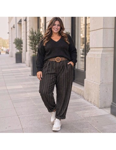 Pantalon femme fluide à rayures - Ceinture tressée - Taille unique grande taille (du 42/44 au 50/52)