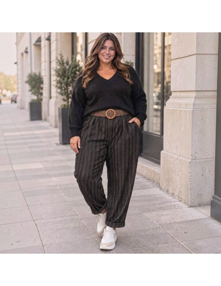 Pantalon femme fluide à rayures - Ceinture tressée - Taille unique grande taille (du 42/44 au 50/52)
