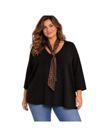 Pull femme fluide avec foulard imprimé - Col V - Taille unique grande taille (du 42/44 au 50/52)
