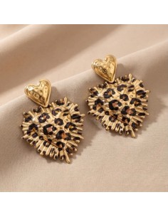 Boucles d'oreilles cœur léopard en acier inoxydable