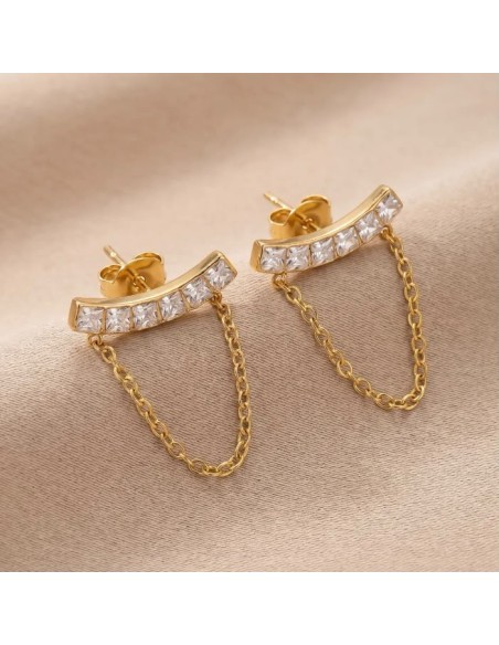 Boucles d'oreilles strass avec chaînette en acier inoxydable