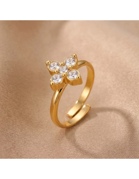 Bague fleur à strass colorés en acier inoxydable - Réglable