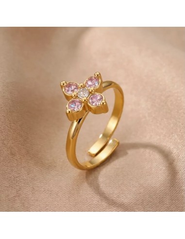 Bague fleur à strass colorés en acier inoxydable - Réglable