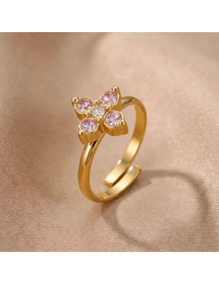 Bague fleur à strass colorés en acier inoxydable - Réglable