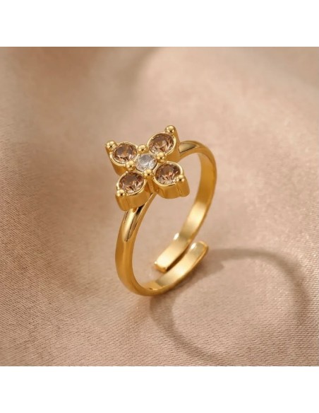 Bague fleur à strass colorés en acier inoxydable - Réglable