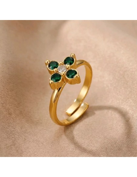 Bague fleur à strass colorés en acier inoxydable - Réglable
