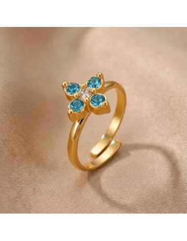 Bague fleur à strass colorés en acier inoxydable - Réglable