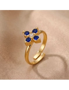 Bague fleur à strass colorés en acier inoxydable - Réglable