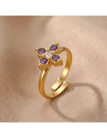 Bague fleur à strass colorés en acier inoxydable - Réglable