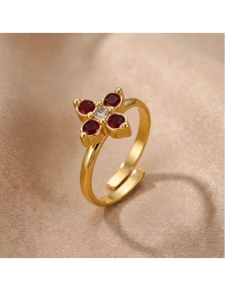 Bague fleur à strass colorés en acier inoxydable - Réglable