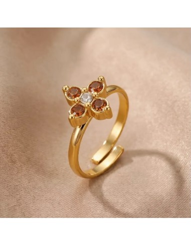 Bague fleur à strass colorés en acier inoxydable - Réglable