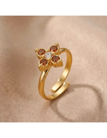 Bague fleur à strass colorés en acier inoxydable - Réglable