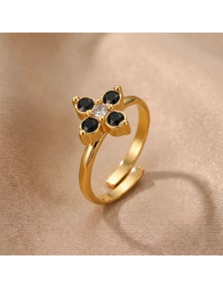 Bague fleur à strass colorés en acier inoxydable - Réglable