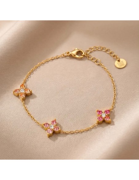 Bracelet trois fleurs à strass colorés en acier inoxydable - Réglable