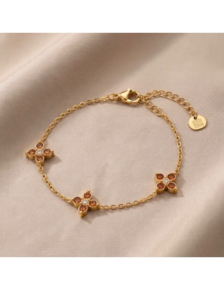 Bracelet trois fleurs à strass colorés en acier inoxydable - Réglable