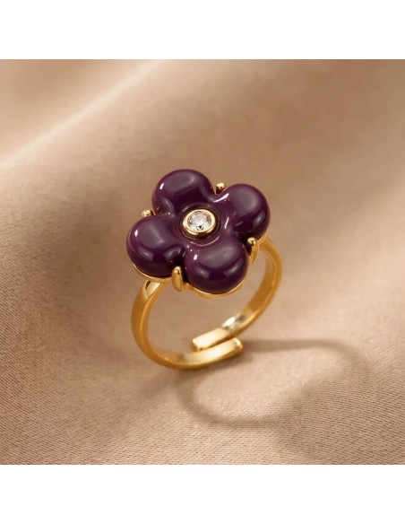 Bague fleur colorée en acier inoxydable - Réglable