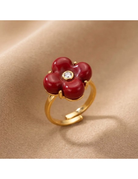 Bague fleur colorée en acier inoxydable - Réglable