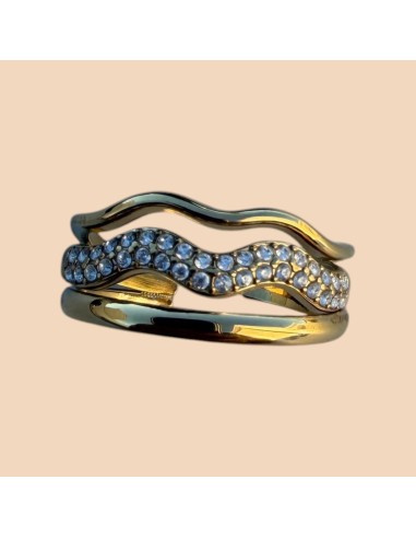 Bague triple rang ondulée en acier inoxydable dorée sertie de strass - Réglable