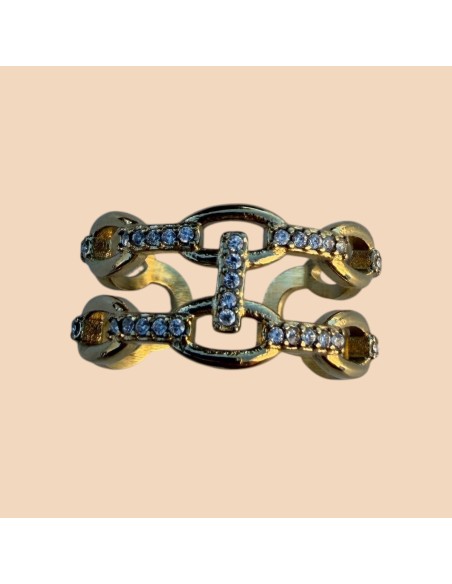 Bague double rangs en acier inoxydable doré avec strass - Réglable
