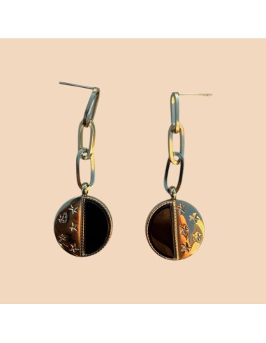 Boucles d'oreilles Milë Mila pendantes médaillon céleste et maillons en acier inoxydable