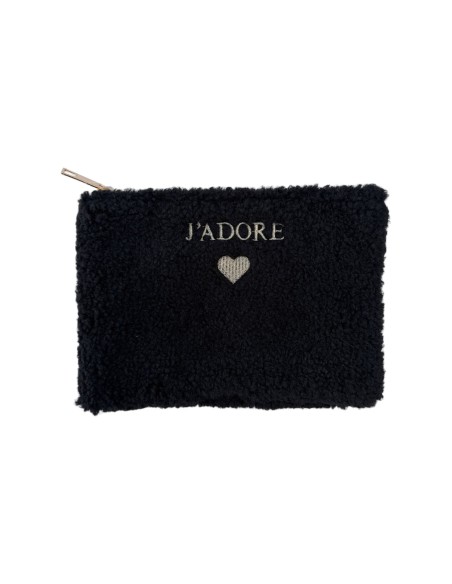 Pochette en maille bouclette brodée « J'ADORE » - Fermeture zippée