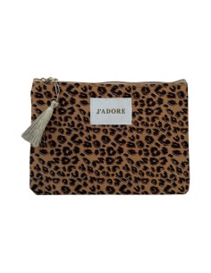 Pochette motif léopard patch « J'ADORE » et pompon - Fermeture zippée